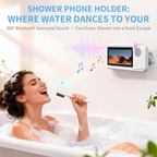 Waterproof cover with a speaker for your cell phone that hangs on your bathroom wall.