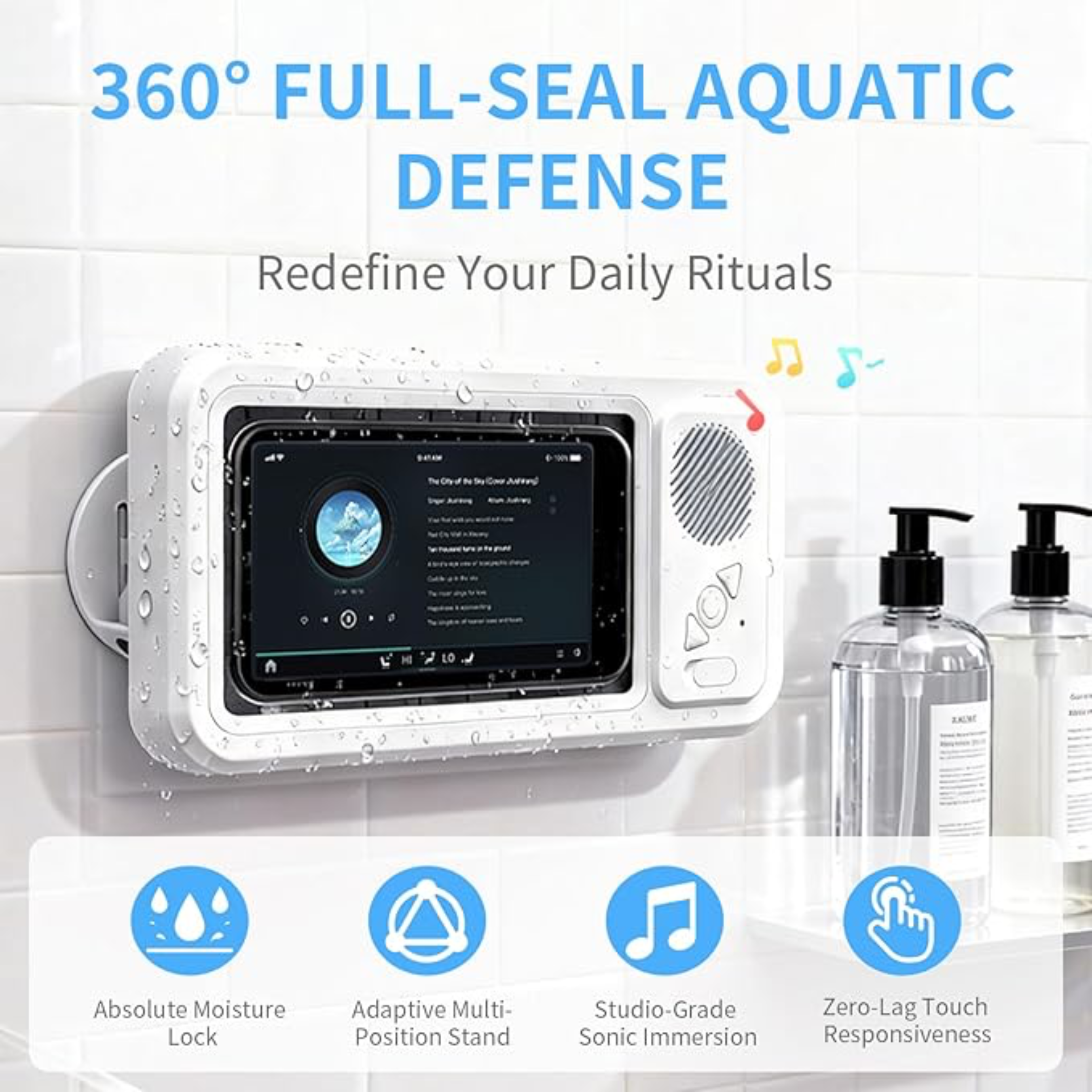 Waterproof cover with a speaker for your cell phone that hangs on your bathroom wall.