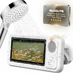 Waterproof cover with a speaker for your cell phone that hangs on your bathroom wall.