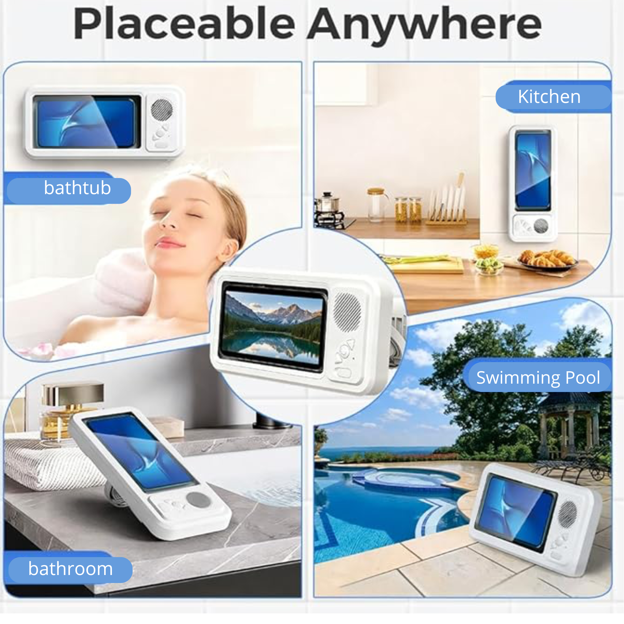 Waterproof cover with a speaker for your cell phone that hangs on your bathroom wall.