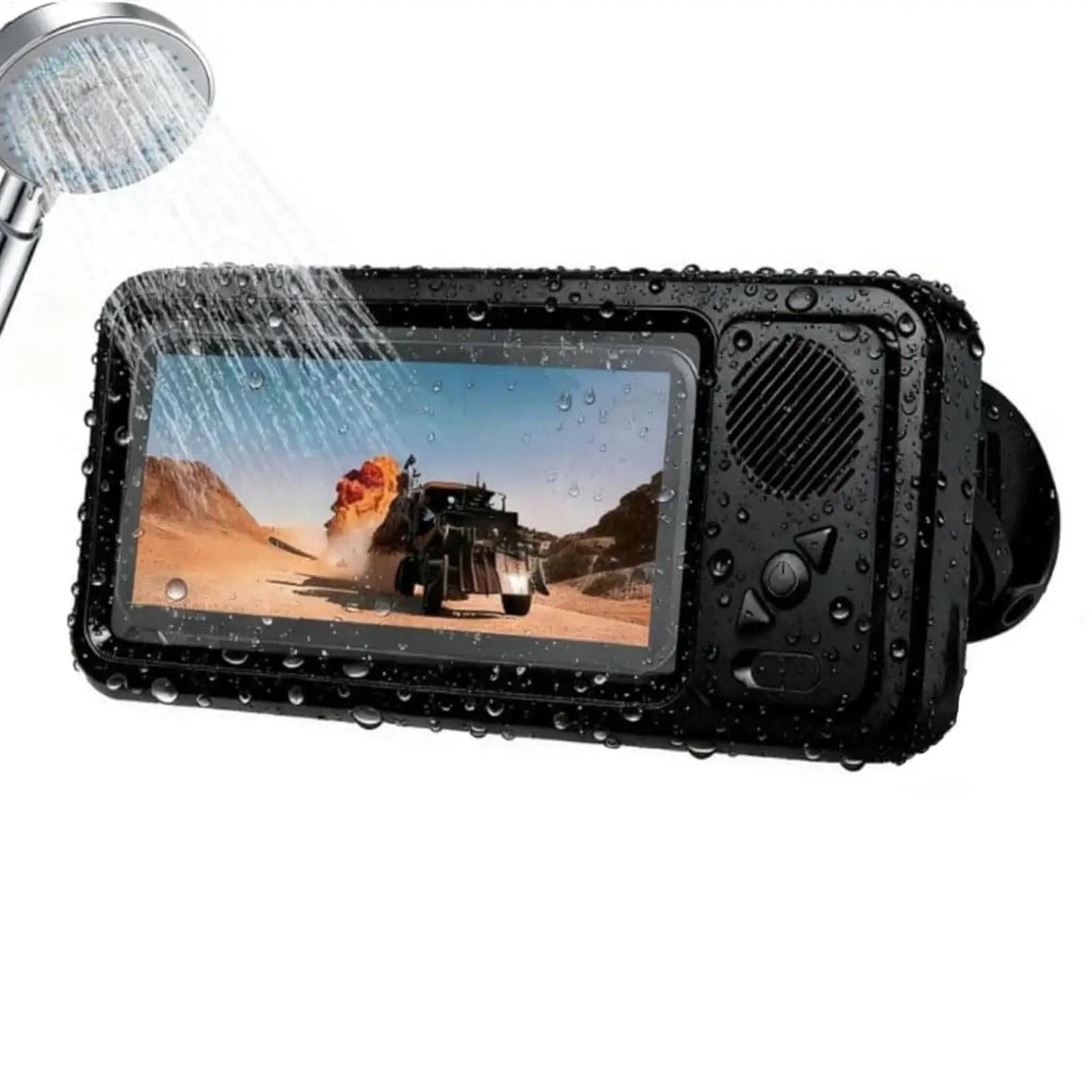 Waterproof cover with a speaker for your cell phone that hangs on your bathroom wall.