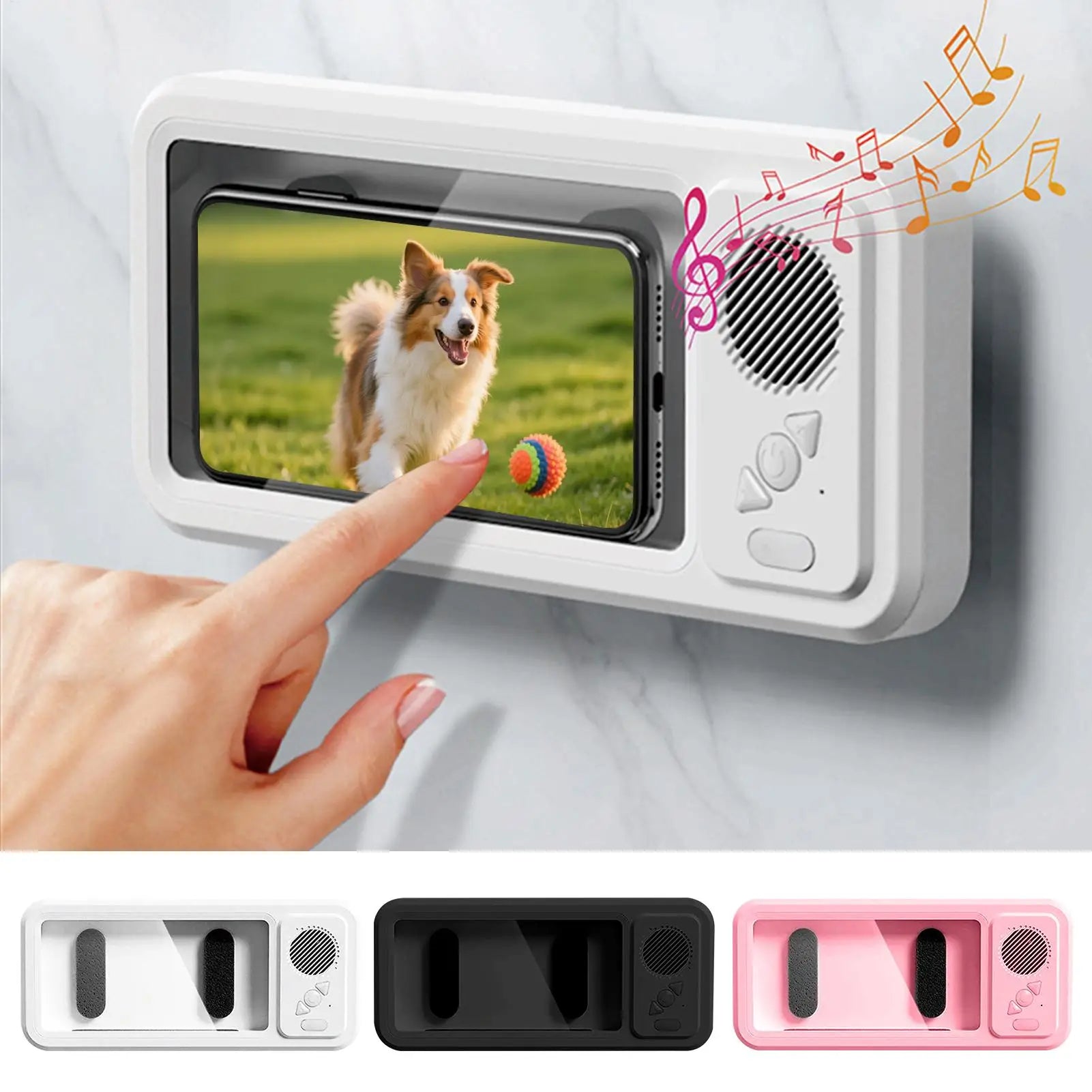 Waterproof cover with a speaker for your cell phone that hangs on your bathroom wall.